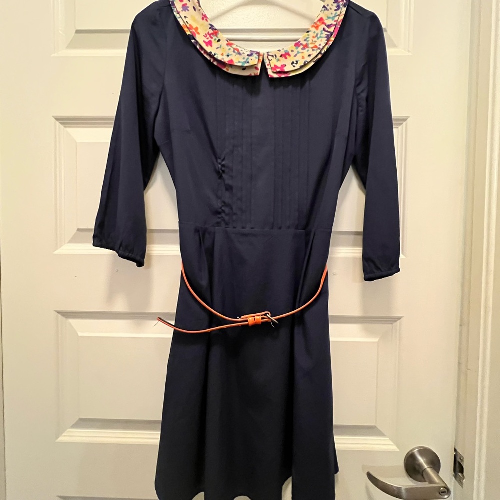 Navy blue Jessica Simpson dress with multi color Peter Pan style collar